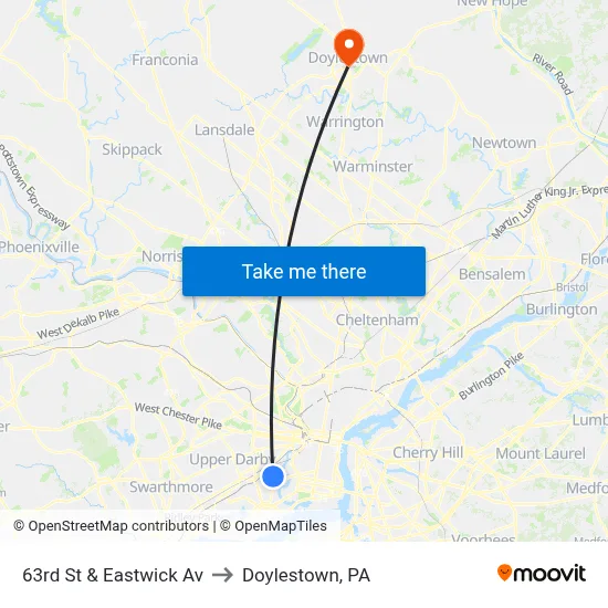 63rd St & Eastwick Av to Doylestown, PA map