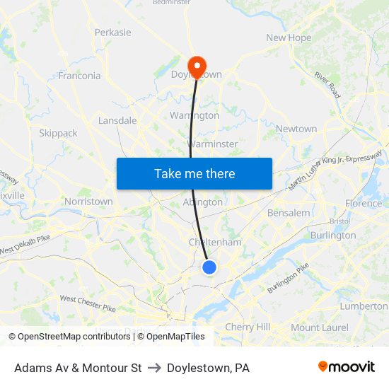 Adams Av & Montour St to Doylestown, PA map