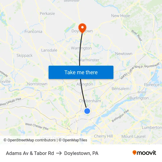 Adams Av & Tabor Rd to Doylestown, PA map