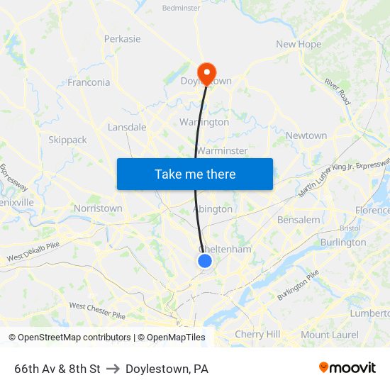 66th Av & 8th St to Doylestown, PA map