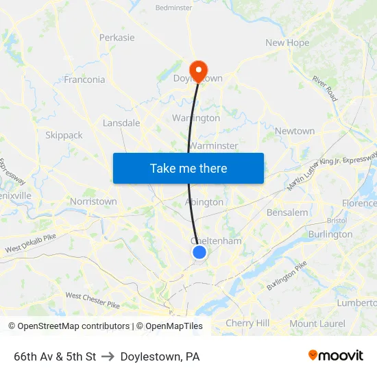 66th Av & 5th St to Doylestown, PA map
