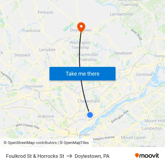 Foulkrod St & Horrocks St to Doylestown, PA map