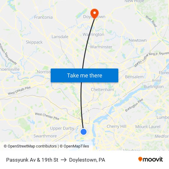 Passyunk Av & 19th St to Doylestown, PA map