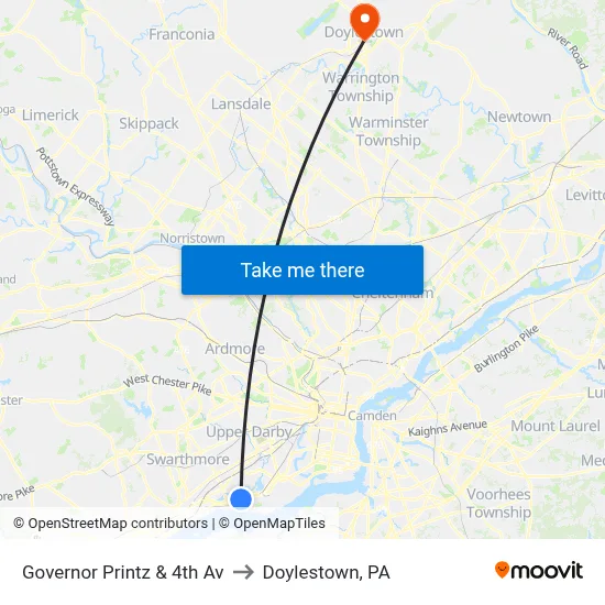 Governor Printz & 4th Av to Doylestown, PA map