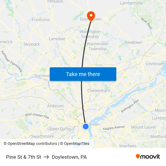 Pine St & 7th St to Doylestown, PA map