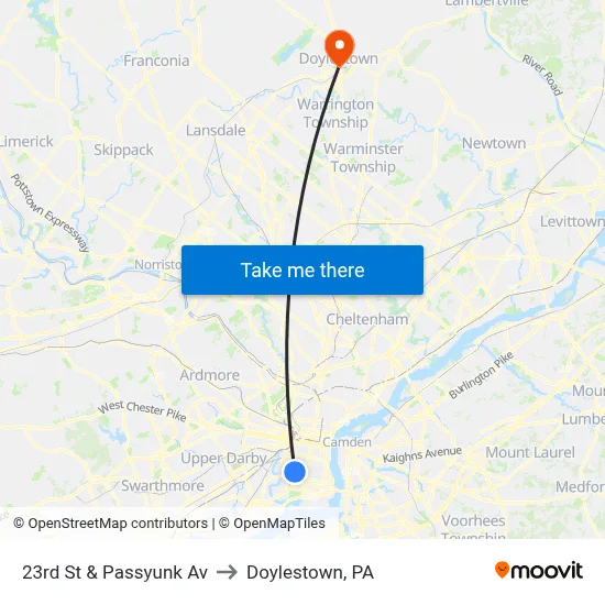23rd St & Passyunk Av to Doylestown, PA map