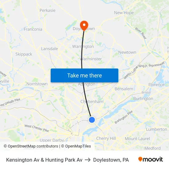 Kensington Av & Hunting Park Av to Doylestown, PA map