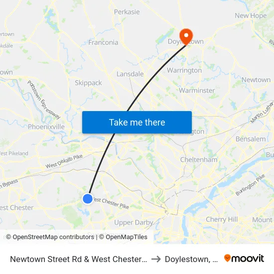 Newtown Street Rd & West Chester Pk to Doylestown, PA map