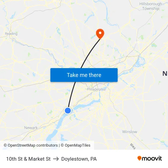 10th St & Market St to Doylestown, PA map
