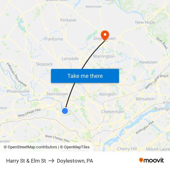 Harry St & Elm St to Doylestown, PA map