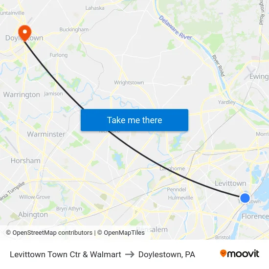 Levittown Town Ctr & Walmart to Doylestown, PA map