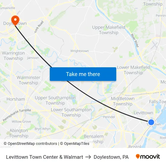 Levittown Town Center & Walmart to Doylestown, PA map