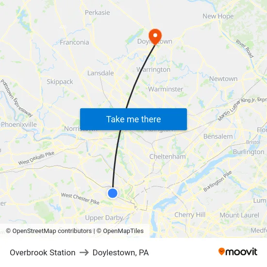 Overbrook Station to Doylestown, PA map