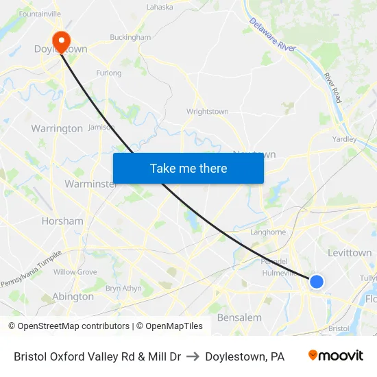 Bristol Oxford Valley Rd & Mill Dr to Doylestown, PA map