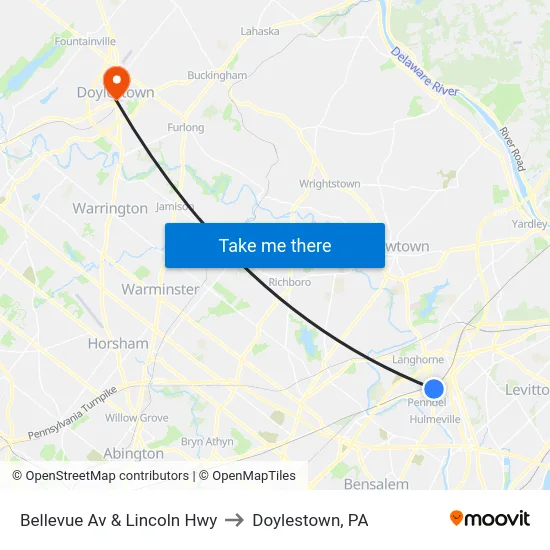 Bellevue Av & Lincoln Hwy to Doylestown, PA map