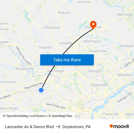 Lancaster Av & Devon Blvd to Doylestown, PA map