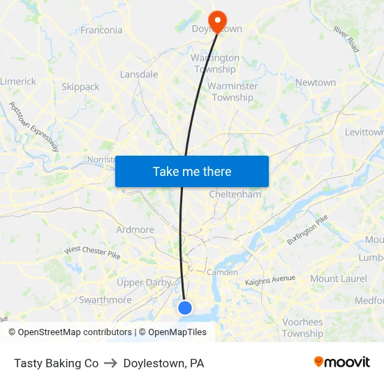 Tasty Baking Co to Doylestown, PA map