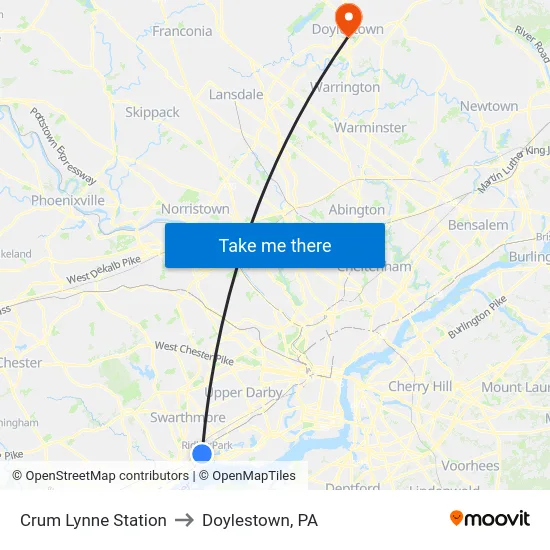 Crum Lynne Station to Doylestown, PA map
