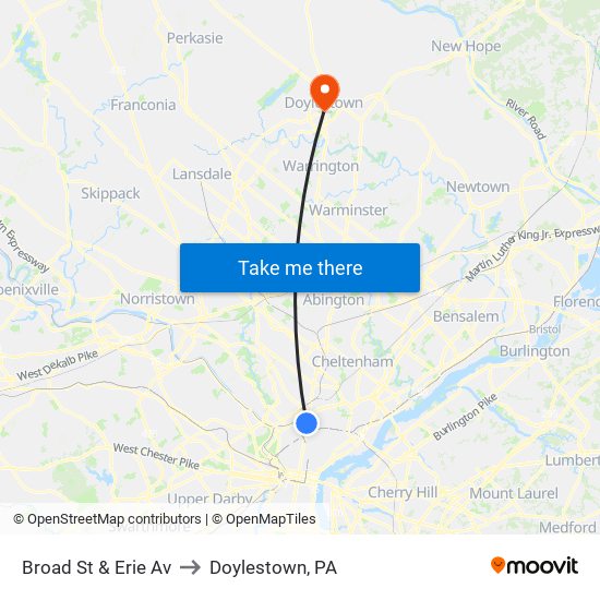 Broad St & Erie Av to Doylestown, PA map