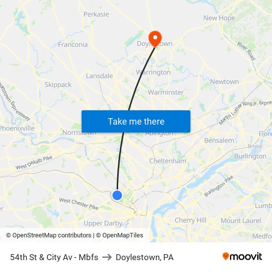 54th St & City Av - Mbfs to Doylestown, PA map