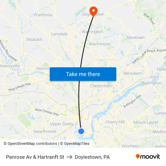 Penrose Av & Hartranft St to Doylestown, PA map