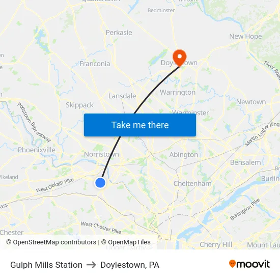 Gulph Mills Station to Doylestown, PA map
