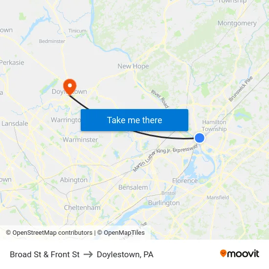 Broad St & Front St to Doylestown, PA map