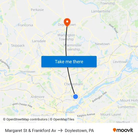Margaret St & Frankford Av to Doylestown, PA map