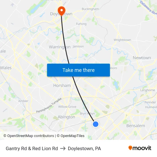 Gantry Rd & Red Lion Rd to Doylestown, PA map