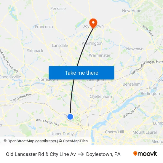 Old Lancaster Rd & City Line Av to Doylestown, PA map