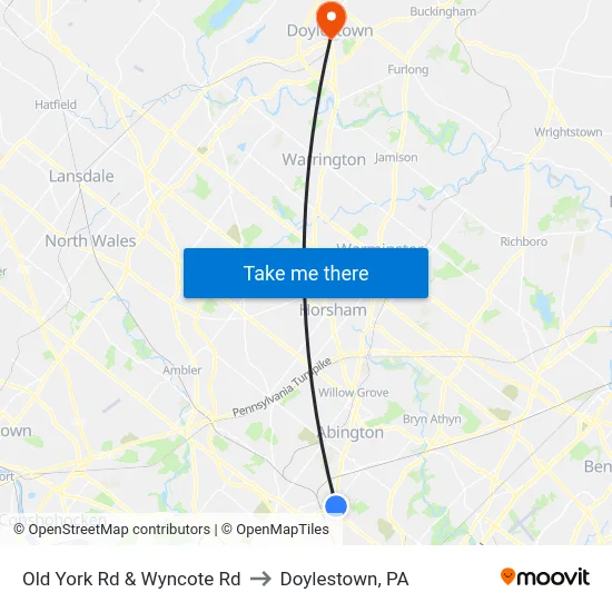 Old York Rd & Wyncote Rd to Doylestown, PA map