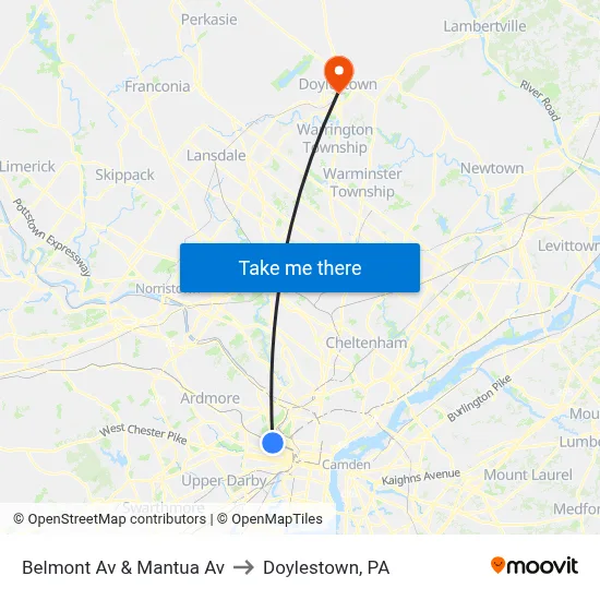 Belmont Av & Mantua Av to Doylestown, PA map
