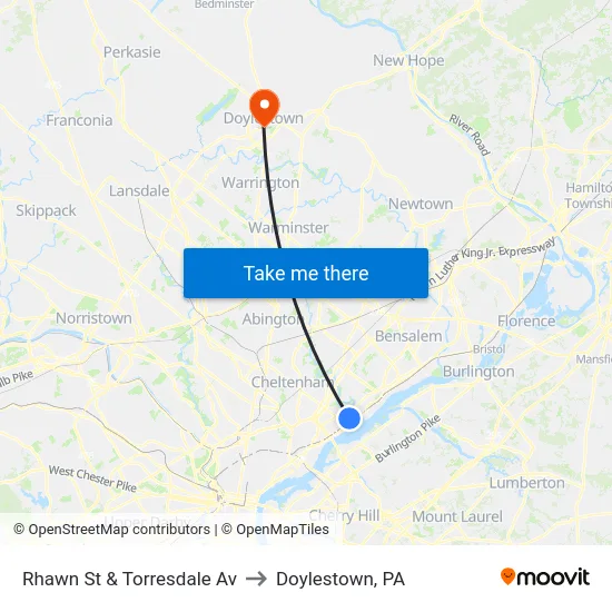 Rhawn St & Torresdale Av to Doylestown, PA map