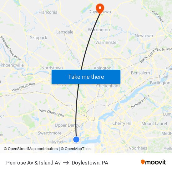 Penrose Av & Island Av to Doylestown, PA map