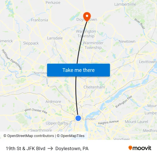 19th St & JFK Blvd to Doylestown, PA map