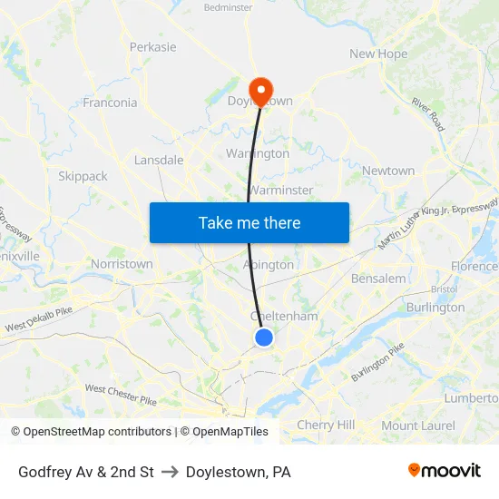 Godfrey Av & 2nd St to Doylestown, PA map