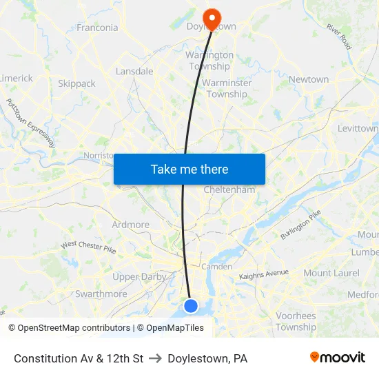 Constitution Av & 12th St to Doylestown, PA map