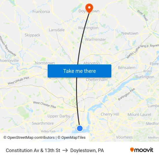 Constitution Av & 13th St to Doylestown, PA map