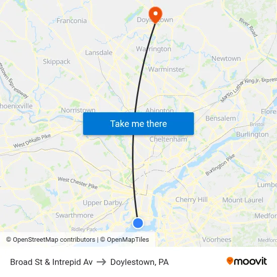 Broad St & Intrepid Av to Doylestown, PA map