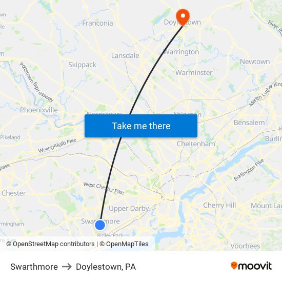 Swarthmore to Doylestown, PA map