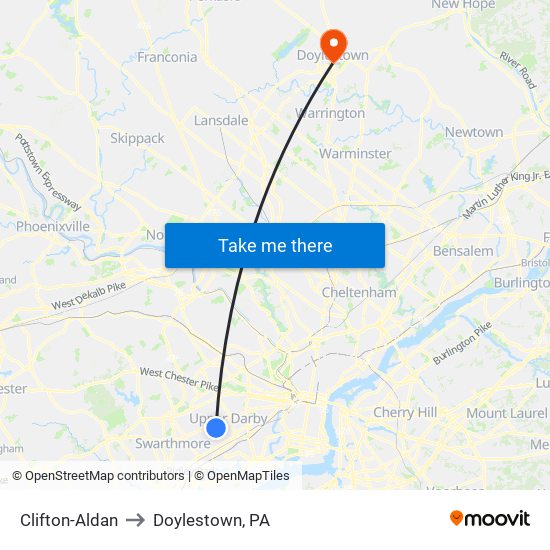 Clifton-Aldan to Doylestown, PA map