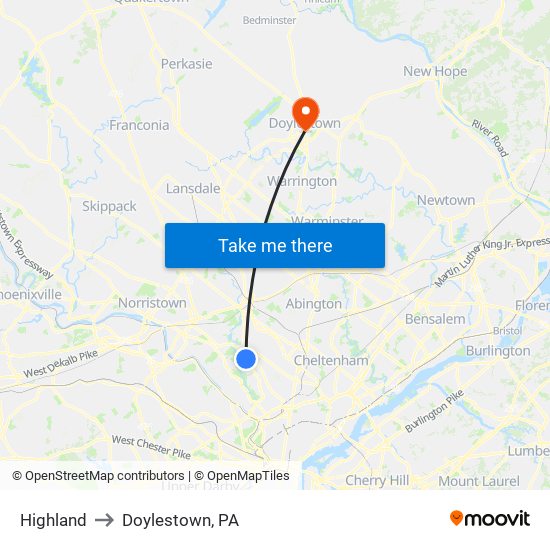 Highland to Doylestown, PA map