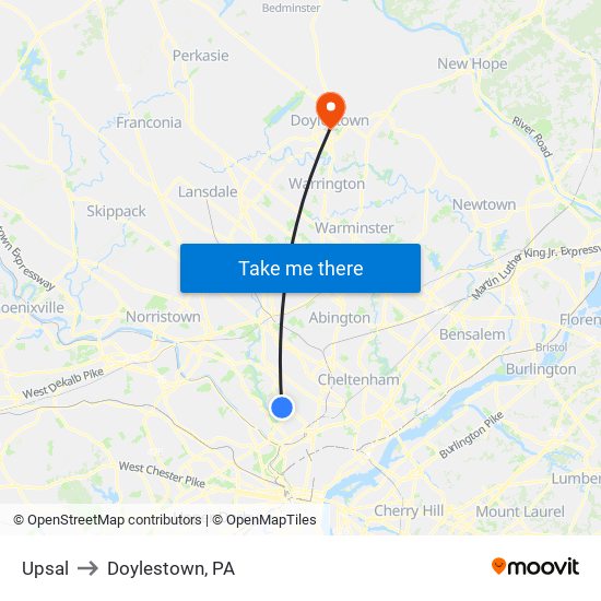 Upsal to Doylestown, PA map