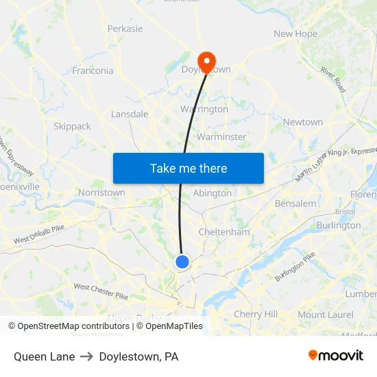 Queen Lane to Doylestown, PA map