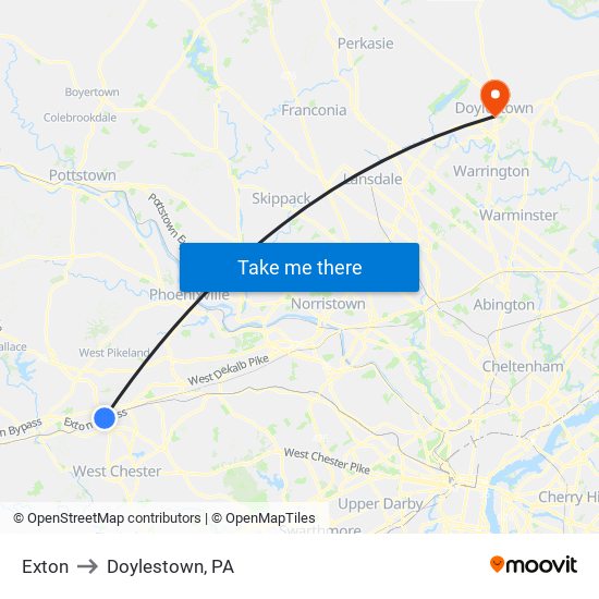 Exton to Doylestown, PA map