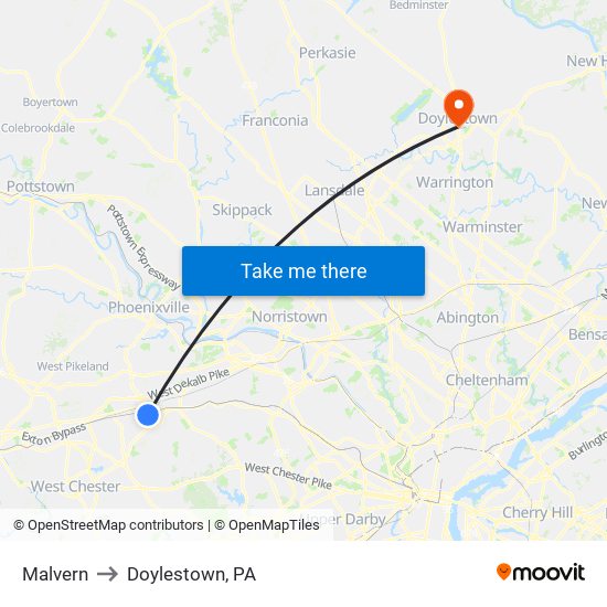 Malvern to Doylestown, PA map