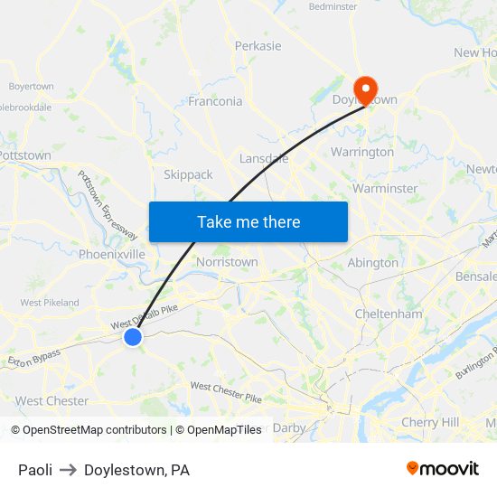 Paoli to Doylestown, PA map