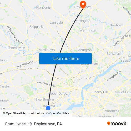 Crum Lynne to Doylestown, PA map