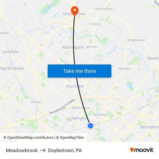 Meadowbrook to Doylestown, PA map