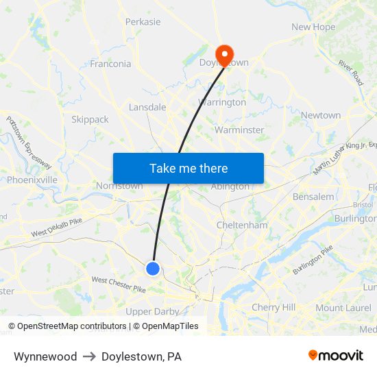 Wynnewood to Doylestown, PA map